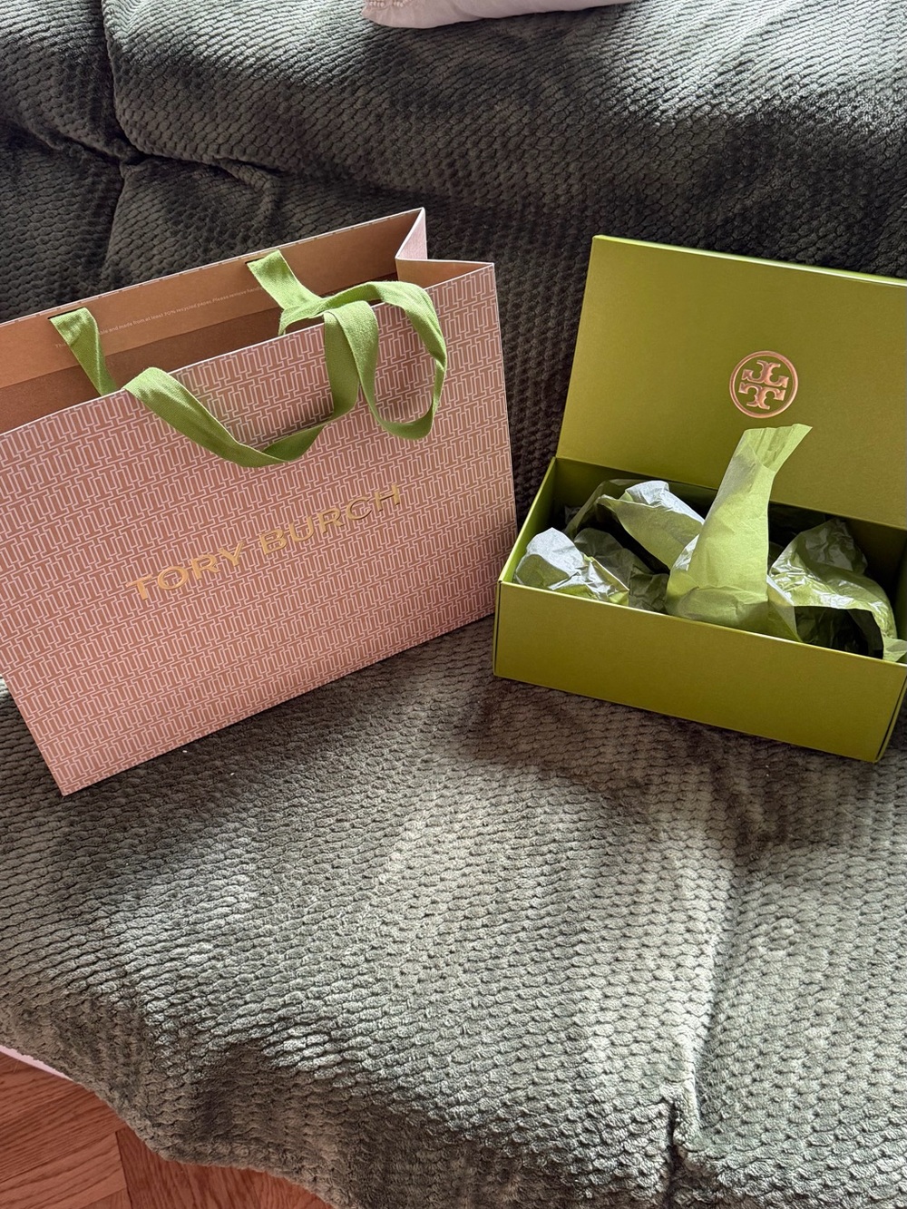 Tory Burch box,  Dust Bag  green velour shopping bag